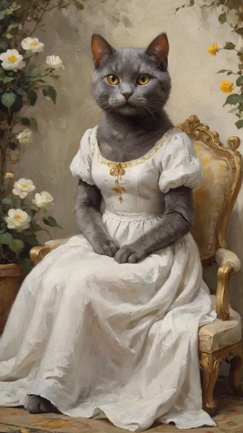 vintage, a young simple humanoid dark grey female cat, sitting on the throne, white linen summer dress, golden nemen, Marvelous sophisticated exterior giving vibes of a princess garden, <lora:ClassipeintXL2.0:1> oil painting, masterpiece, focused, best quality