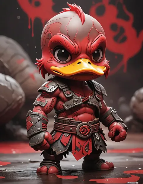 Cartoon style edgy flat matte drawing of a cute Nendoroid (brutal duckling:1.1) MIX (god of WAR), thick drawing,medium close-up, red tattoo, realistic and detailed skin effect. The soft cinematic light and dramatic atmosphere create an atmospheric perspective that focuses on the character's expression. The color ink wash painting technique adds a touch of artistry to the overall design,