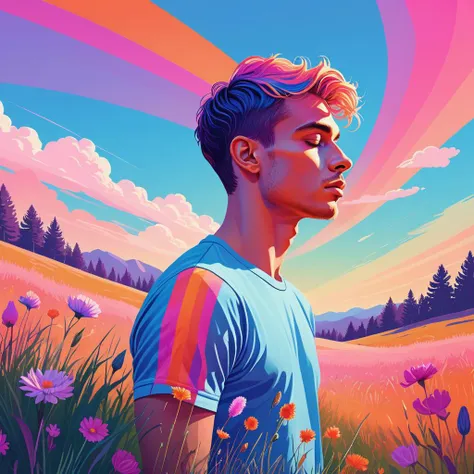 ethereal dreamlike vector art evoking pride, side view of a hot fuckboy in a meadow, blue, pink, orange, vividly queer, high saturation