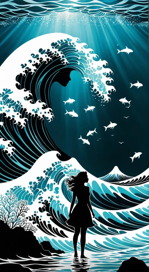 (Craft a mesmerizing double exposure photoillustration that masterfully merges the worlds of humans and nature within the ocean),(In this artwork, draw inspiration from the distinctive styles of both Dan Mountford and Dan Hillier, ensuring the final piece showcases the imaginative essence of each artist),(Utilize pastel and monochrome colors to bring out the dynamic energy of the scene),(Envision a metropolis of sea creatures and intricate waves where animals hover amidst the waves),(The negative space in the composition should contribute to the overall balance, emphasizing the depth and layers of the artwork),(The primary focus of the composition should be the seamless fusion of the female form with glowing white hair and waves, symbolizing the harmonious coexistence of organic life and nature),
<lora:H.R.Giger_ArtStyle_640x960:0.4>,<lora:Rainbow_Island:0.5>,<lora:dreamcolor:0.8>,<lora:more_details:1>,