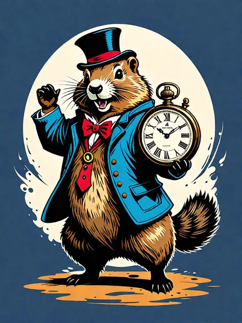vibrant t-shirt logo style, flat ink, portrait of an anthropomorphic cute groundhog, dressed like animals in "Alice in Wonderland", holding a giant pocket watch, jumping up, surprised look on its face, long shadow, simple, inspired by 90s anime, in the style of a woodblock print, retro illustration style, dynamink, <lora:dynamink:.8>, InkArtXL, <lora:InkArtXL_1.2:.5>