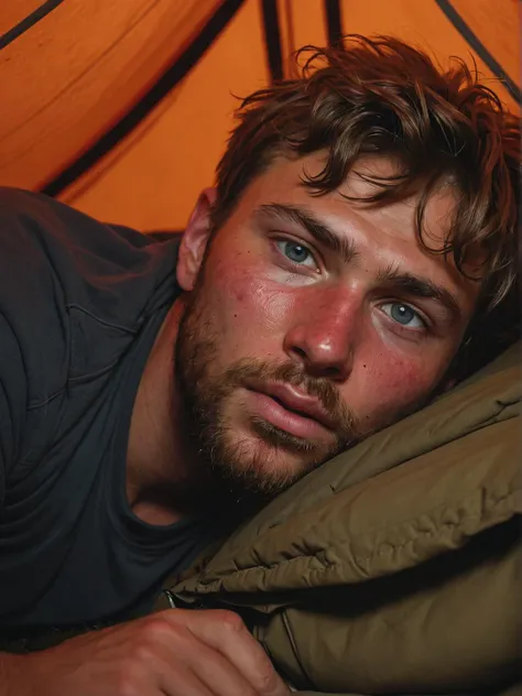 rough hot fuckboy, lewd sturdy sámi, scruff, lying down in a tent, dark, soft lighting, candid, close-up