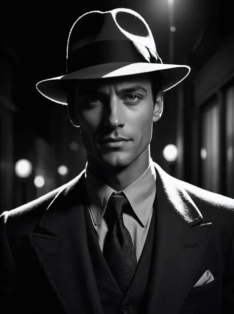Plunge into the shadows of a 1950s film noir setting and generate a captivating scene reminiscent of classic black-and-white cinema. Picture a stunningly handsome man with a confident, slightly cocky smile, as if he's the protagonist of a timeless noir story. Illuminate his features with dramatic chiaroscuro lighting, creating stark contrasts between light and shadow. Infuse the scene with a gritty, mysterious atmosphere, capturing the essence of classic film noir aesthetics. Pay attention to details like vintage clothing, fedora, and a cigarette for an authentic touch. Let the overall composition evoke a sense of intrigue, where the enigmatic allure of this handsome figure takes center stage in a cinematic world drenched in noir ambiance.