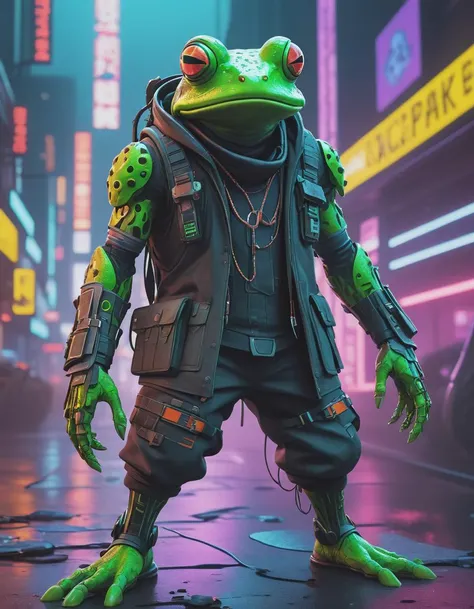 futuristic style Striking image of a cyberpunk frog donning hipster attire and wielding powerful magic in the form of cyberpunk armor. Standing tall amidst the chaos and neon lights characteristic of this gritty urban landscape, this amphibian mage commands respect with his imposing presence. His battle-ready getup boasts cutting-edge technology and defensive spells etched onto every surface, hinting at the incredible feats he's capable of pulling off in combat. An enigma wrapped in camouflaged coolness, this cyberpunk frog is a force to be reckoned with . sleek, modern, ultramodern, high tech, detailed,