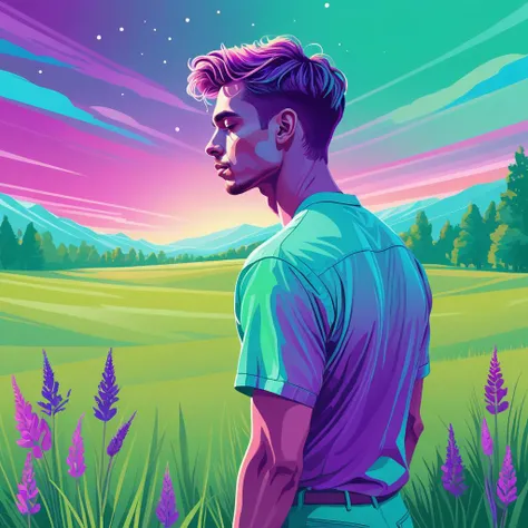ethereal dreamlike vector art evoking pride, side view of a hot fuckboy in a meadow, green, purple, cyan, vividly queer, high saturation