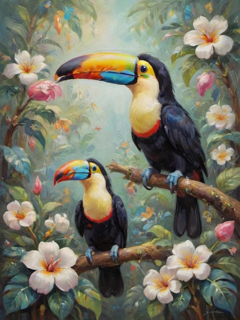 mysterious, toucan, Within a shimmering sanctuary, a garden of jewels blooms, its iridescent blossoms sparkling with ethereal beauty, Creating a sense of warmth or coolness <lora:ClassipeintXL2.0:1> oil painting <lora:fluffy:1> fluffy