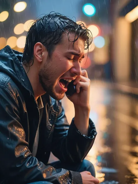 realistic portrait of a man crying in the rain, depth of field, bokeh, lights reflected on pavement, screaming on the phone after receiving bad news, conveying emotion, side view, sitting, holding head with hand