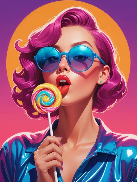high quality illustration of a cocky confident woman, licking large transparent lollipop, vibrant neon colors, cool sunglasses, silhouette, illustration, looking at viewer, lofi,