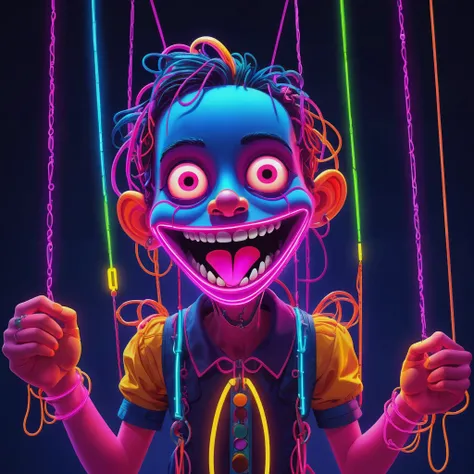 high quality illustration, 2d art, vibrant neon colors,
a marionette, dangling from its strings, pokes its tongue out at the viewer,