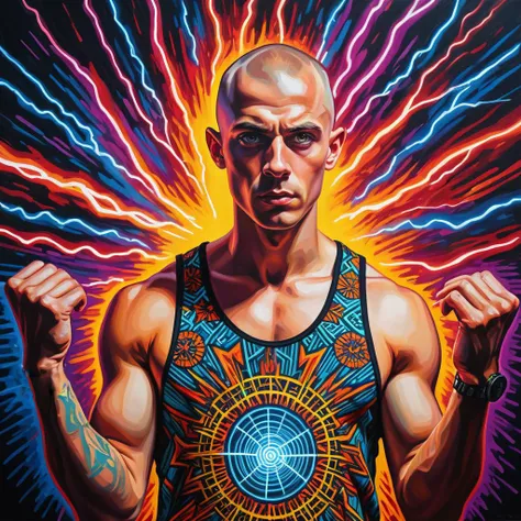 oil painting, a hot fuckboy with a skinhead in a patterned tank top shooting electricity from his hands, looking at the camera with an intense gaze, vivid colors, high saturation