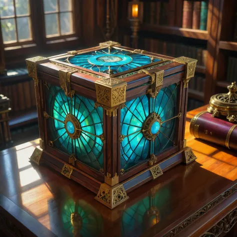 Fantasy concept art, ancient Merlin's private stash, chromatic aberration, in Merlin's castle cell,
an intricate and magical glowing box, inlaid with mother of pearl ebony and brass, sitting on a mahogany desk, magical light, ethereal, dappled light, sub-surface scattering, mythical brilliance, volumetric lighting,
<lora:WowifierXL-V2:0.45>,
<lora:RMSDXL_Enhance:0.45>,
<lora:add-detail-xl:0.8>,
<lora:RMSDXL_Darkness_Cinema:0.5>,