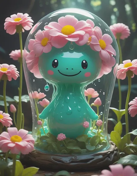 Generate images of creatures with humanoid body structures, But mainly composed of fungal elements. Its head resembles a big head, Dome-shaped crystal spring flower mushroom cap, fanciful, Colorful, Decorated with a luminous speckled pattern. Its arms are long, Flexible tendrils sprout from the shoulders, Able to be as vertical as a human hand. And not legs, It has a single, Thick, The stems are rooted in the ground. Its face is a small cluster, Bioluminescent spheres embedded in the bottom of the lid, Arranged in a way reminiscent of human facial features. photo-realism, ultra - detailed, 4K, A high resolution