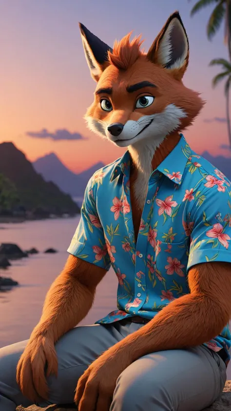 Nick Wilde with abs wearing a crop top of his Hawaiian green shirt with indigo tie and khaki pants with a bare midriff and a bare navel , digital art, ((perfect face)), ((best quality)), ((masterpiece))