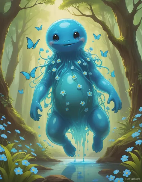 ethereal fantasy concept art of A whimsical sight in this enchanting fantasy world a colossal slime creature, its translucent body glows softly with an irresistible charm that captivates all who behold it, delicate forget-me-not flowers suspended within its stomach, giant slime appears friendly and approachable, ordinary objects take on a delightful twist, style of John Perceval and Victor Moscoso, . magnificent, celestial, ethereal, painterly, epic, majestic, magical, fantasy art, cover art, dreamy,