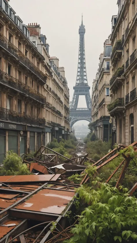 Futuristic photograph of Paris after the rapture, abandoned city, vegetation, collapsed buildings, rust colors, hazy, foggy, end of the world, sharp details and lines