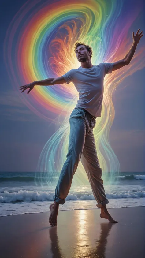rainbow astral projection of a man dancing in the moonlight while the world in ending by the sea with reflective metallic waves and a sense of wonder and excitement