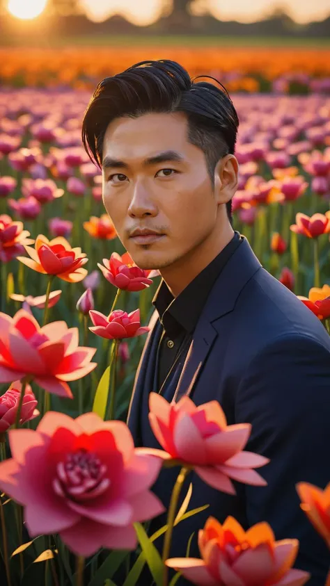 incredible portrait, asian man, field of paper flowers, evanescence, gorgeous lighting, depth of field, cinematic, artistic