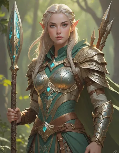 : ethereal fantasy concept art of elven hunter holding an ancient spear with intricate leather armor d & d, female, medium breasts, fantasy, intricate, elegant, highly detailed, digital painting, artstation, concept art, matte, sharp focus, illustration, in the style of magic the gathering, art by artgerm and greg rutkowski and alphonse mucha . magnificent, celestial, ethereal, painterly, epic, majestic, magical, fantasy art, cover art, dreamy,