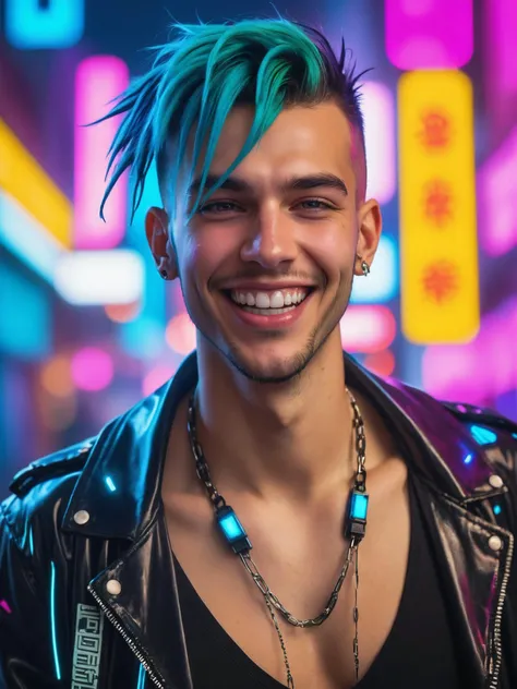 emo punk man in cyberpunk city, cleavage, looking to the side, laughing, happyness among dystopia, neon lights and colorful backgrounds, wet and shiny