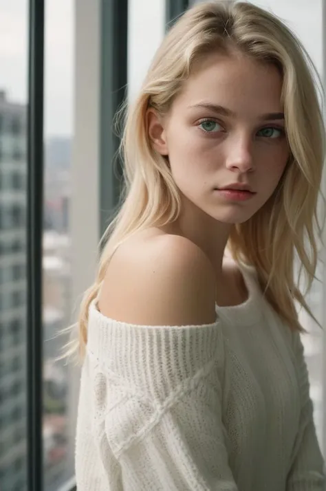A girl in a (sexy open-shoulder white sweater:1.5), looking out a high-rise apartment window at the bustling city below, a look of melancholic longing on her face, analog film photography
encouraging dynamic poses, unexpected angles, and a sense of movement and energy.
(18 year old blond girl:1.5), (green eyes), (half-body portrait), (close-up), (freckle),