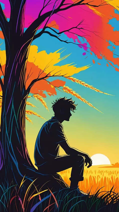 An adult man, seen from the side, sitting by a tree, pensive, wing gush, flowy hair, silhouette, vibrant rainbow neon color, wheat fields, vegetation, illustration, cartoon, highly detailed, high quality,