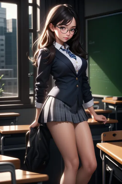 25 years old woman(glasses eyes), milf, ((at classroom)), ((school uniform)), RAW photo, (photorealistic:1.37, realistic), highly detailed CG unified 8K wallpapers, 1girl, ((perfect body:1.1)), (medium breasts:1.2) , looking at viewer, (((straight from front))), (HQ skin:1.2, shiny skin), 8k uhd, dslr, soft lighting, high quality, film grain, Fujifilm XT3, ((full body:0.8)), (professional lighting:1.4), (full body)