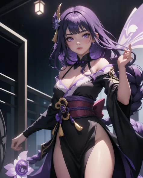teens girl,Enchanted,having fun,Being in love,Princess dress,Dark black swimsuit,Light purple cloth,Transparent fabric,exquisite costumes,inside a room,Dark scene,natta,solo person,(purple hair),(purple eyes), (full body), raidenshogundef