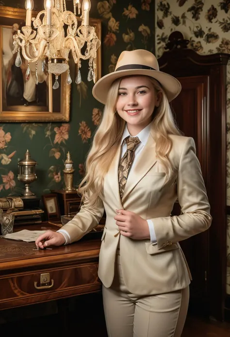 (medium full shot) of (polished dapper young gentlewoman, curvy build, extra long blonde hair), thai, light skin, brown eyes, wearing a panama hat, gold dinner suit with elegant design, brogues, necktie, silk pocket square carrying a stylish messenger bag, set in an elegant country manor, with a crystal chandelier, a four-poster bed, floral wallpaper, an antique writing desk, woman smiling, detailed face, ,Masterpiece,best quality, photo, realistic, very aesthetic