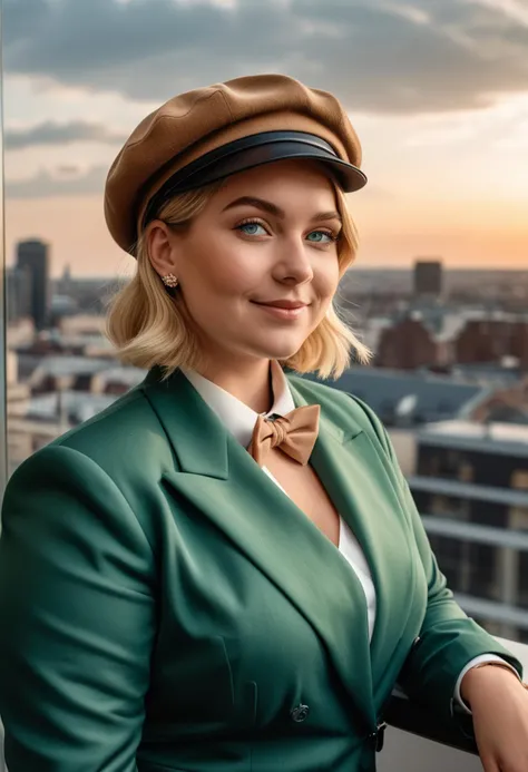 (medium full shot) of (stylish dapper young gentlewoman, full-figured build, short blonde hair), german, tan skin, blue eyes, wearing a newsboy cap, green single-breasted suit, derby shoes, bow tie, silk pocket square cufflinks, set in a sophisticated modern penthouse, featuring a floating staircase, a media wall, high-end decor elements, a panoramic city view from the balcony , during sunset, woman smiling, detailed face, ,Masterpiece,best quality, photo, realistic, very aesthetic