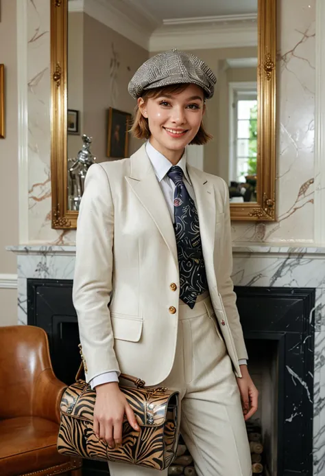 (medium full shot) of (charming dapper young gentlewoman, Medium build, short hazel hair), thai, light skin, hazel eyes, wearing a newsboy cap, silver designer suit with classic patterns, monk strap shoes, necktie, designer wristwatch carrying a elegant satchel, set in a stylish art deco apartment, where a gilded mirror hangs above a marble fireplace, a streamlined leather sofa, a zebra print rug, woman smiling, ,Masterpiece,best quality, photo, realistic, very aesthetic, detailed face,