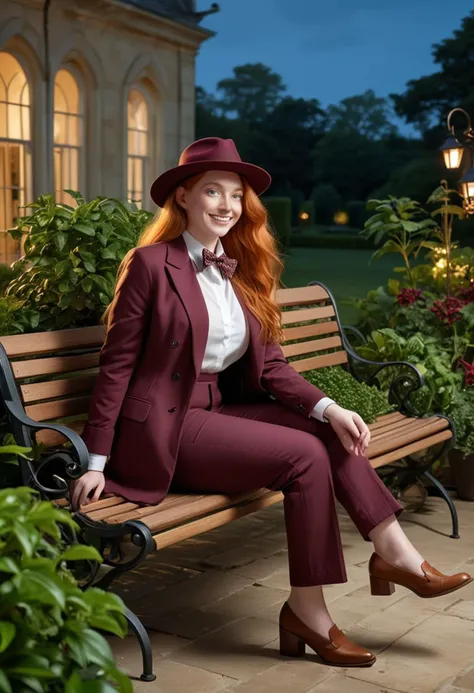 (medium full shot) of (sophisticated dapper young gentlewoman, curvy build, extra long ginger hair), italian, tan skin, blue eyes, wearing a panama hat, burgundy double-breasted jacket with stylish accents, linen pants with zipper details, moccasins with elegant details, bow tie, cufflinks designer wristwatch, set in a tranquil country manor, featuring a sunlit conservatory, a wrought iron daybed, potted plants, a quaint wooden bench, at night, woman smiling, ,Masterpiece,best quality, raw photo, realistic, very aesthetic, dark
