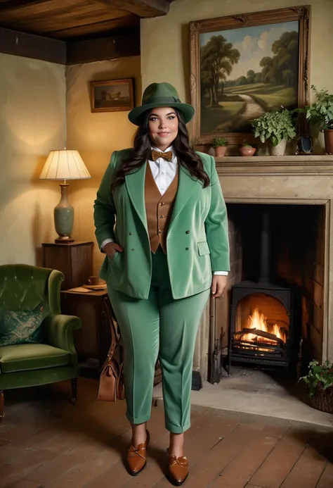 (medium full shot) of (stylish dapper young gentlewoman, full-figured build, extra long dark hair), italian, tan skin, mint green eyes, wearing a fedora, green velvet suit with sophisticated detailing, designer loafers, bow tie, cufflinks carrying a elegant satchel, set in a country manor, with a grand stone fireplace, a leather wingback chair, rustic wooden beams, a vintage tapestry, woman smiling, ,Masterpiece,best quality, raw photo, realistic, very aesthetic, dark