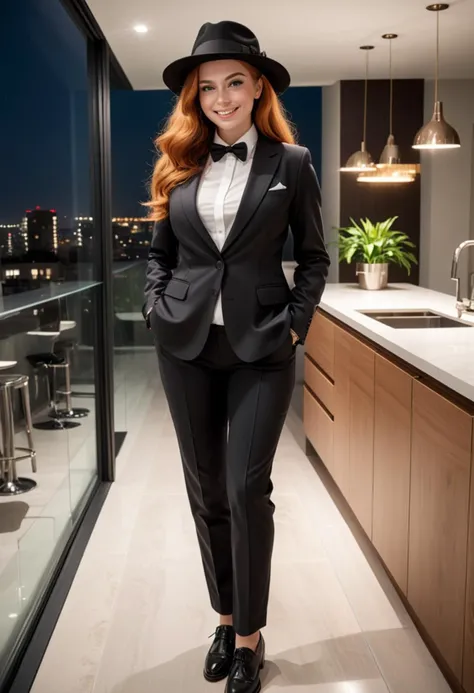 (medium full shot) of (polished dapper young gentlewoman, busty build, long ginger hair), brazilian, tan skin, brown eyes, wearing a fedora, black linen suit with sophisticated detailing, chukka boots with polished finish, bow tie, designer wristwatch tie clip, set in a luxurious modern penthouse, featuring a state-of-the-art kitchen, a plush area rug, an open-plan living space, a glass balcony railing , at night, woman smiling, ,Masterpiece,best quality, raw photo, realistic, very aesthetic