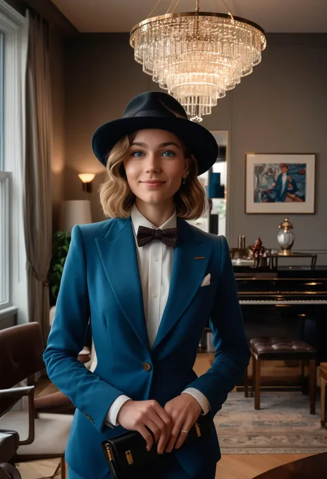 (medium full shot) of (debonair dapper young gentlewoman, willowy build, medium hazel hair), canadian, tan skin, blue eyes, wearing a fedora, blue modern fit suit with sleek lines, monk strap shoes, bow tie, carrying a leather briefcase cufflinks, set in an elegant art deco apartment, with a sculpted glass chandelier, a black lacquered dining table, velvet dining chairs, a glossy piano, at night, woman smiling, detailed face, ,Masterpiece,best quality, photo, realistic, very aesthetic