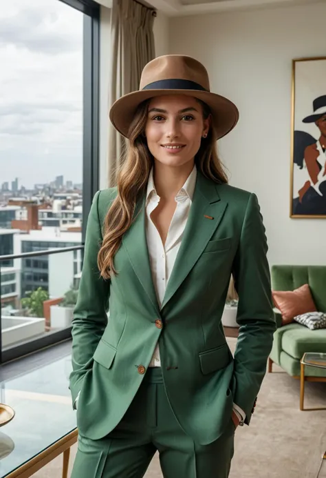 (medium full shot) of (elegant dapper young gentlewoman, slender build, long brown hair), south african, dark skin, light brown eyes, wearing a panama hat, green three-piece suit, monk strap shoes, silk tie, tie clip silk pocket square, set in an elegant modern penthouse, with a sculptural dining table, contemporary art pieces, a spacious terrace, a designer lounge chair , woman smiling, ,Masterpiece,best quality, photo, realistic, very aesthetic, detailed face,