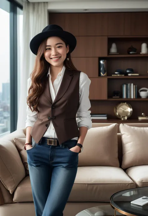 (medium full shot) of (refined dapper young gentlewoman, petite build, long brown hair), korean, light skin, brown eyes, wearing a fedora, black silk vest, slim-fit jeans, oxford shoes, silk tie, designer wristwatch cufflinks, set in a modern penthouse, with floor-to-ceiling windows, a sleek sectional sofa, a marble coffee table, minimalist shelving , at night, woman smiling, detailed face, ,Masterpiece,best quality, photo, realistic, very aesthetic