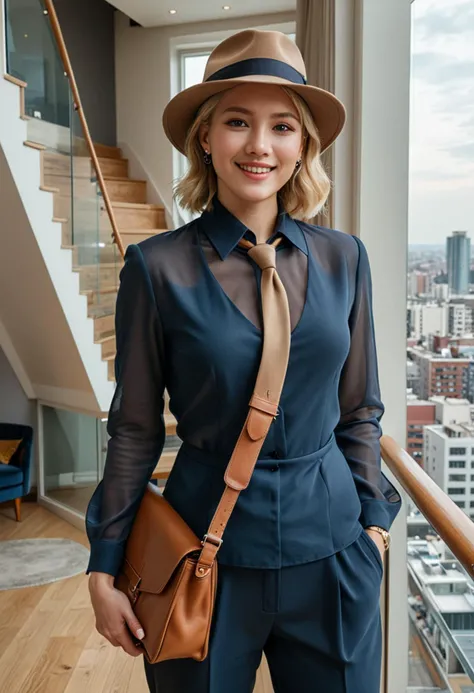 (medium full shot) of (elegant dapper young gentlewoman, Average build, short blonde hair), korean, tan skin, light brown eyes, wearing a fedora, dark blue chiffon dress shirt , tailored trousers with sleek design, monk strap shoes, necktie, cufflinks carrying a stylish messenger bag, set in a sophisticated modern penthouse, featuring a floating staircase, a media wall, high-end decor elements, a panoramic city view from the balcony , at night, woman smiling, ,Masterpiece,best quality, photo, realistic, very aesthetic, detailed face,