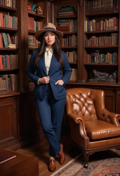 (medium full shot) of (charming dapper young gentlewoman, full-figured build, extra long dark hair), chinese, tan skin, hazel eyes, wearing a panama hat, dark blue cashmere sweater, cotton pants with zipper details, derby shoes, silk tie, silk pocket square tie clip, set in a vintage library, with ornate wooden shelves filled with leather-bound books, a grand mahogany desk, a plush velvet armchair by the fireplace, at night, woman smiling, ,Masterpiece,best quality, raw photo, realistic, very aesthetic, dark