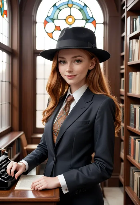 (medium full shot) of (elegant dapper young gentlewoman, petite build, long ginger hair), native american, tan skin, hazel eyes, wearing a panama hat, black two-piece suit with sleek lines, monk strap shoes, necktie, stylish pocket square carrying a leather briefcase, set in a tranquil vintage library, where a stained glass window filters light onto a chaise lounge, a walnut bookshelf, a classic typewriter on a sturdy desk, during sunset, woman smiling, ,Masterpiece,best quality, raw photo, realistic, very aesthetic