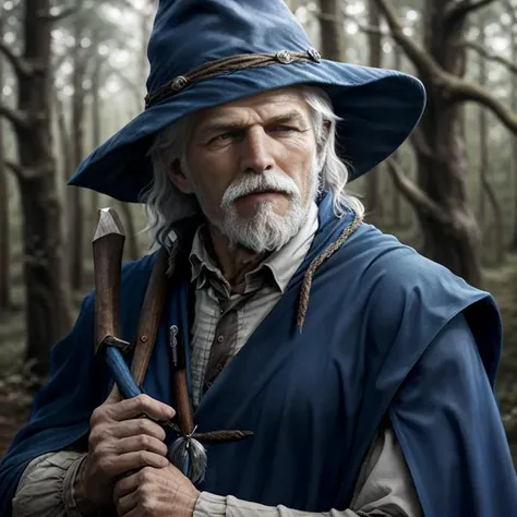 <lora:PetrPavel:1>, PetrPavel as a Wizard, in a wood, gandalf cosplay, blue cape, blue hat