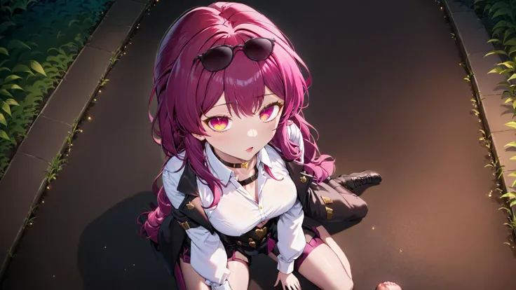 Kafuka kneeling on ground sucking cock, 1girl, pov, first person, from above, in park at night, <lora:Kafkax_xl:1>, blowjob, kafuka, shirt, pink hair, white shirt, long sleeves, skirt, collared shirt, sunglasses on head jacket, black skirt, choker, coat, jacket on shoulders, SK_ANIME, <lora:oralsdxl01:1>, <lora:3D:1>