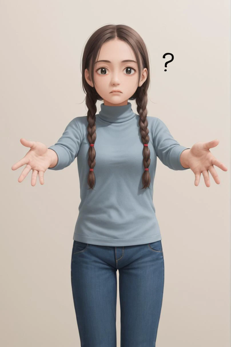source_anime, woman, confused expression, questioning gesture, braided hair, grey turtleneck, blue jeans, mixed ethnicity, portrait, high resolution, white background, indoor, natural lighting, facing camera, genuine emotion, casual wear, hands outstretched, no makeup, adult, neutral color palette, minimalistic style.