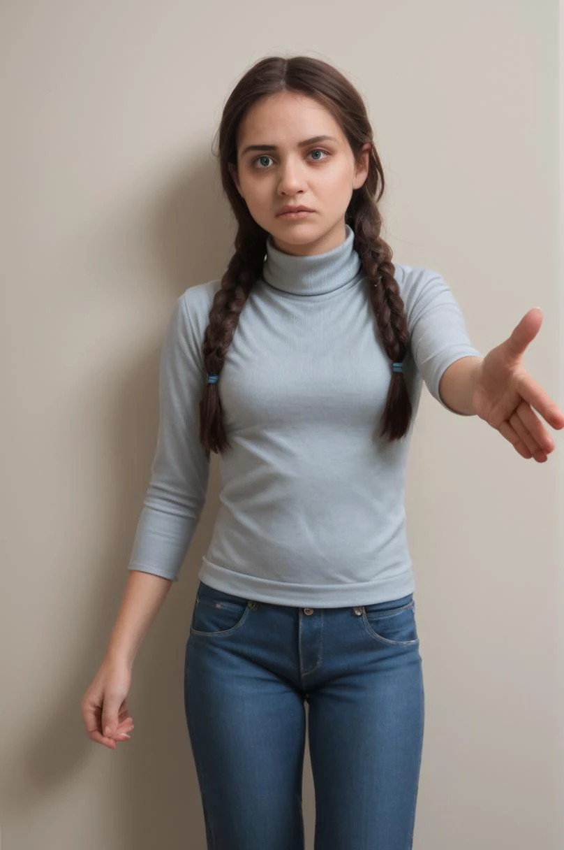 photo, source_realistic, woman, confused expression, questioning gesture, braided hair, grey turtleneck, blue jeans, mixed ethnicity, portrait, high resolution, white background, indoor, natural lighting, facing camera, genuine emotion, casual wear, hands outstretched, no makeup, adult, neutral color palette, minimalistic style.