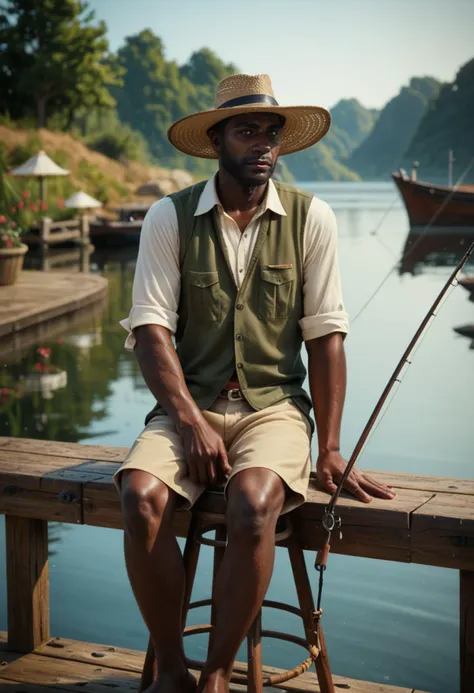 source_realistic photograph, (score_9, score_8_up, score_7_up, score_6_up), middle aged african man, wearing a fishing hat and fishing vest, late afternoon, sitting on a stool fishing from a wharf,  grainy, highly detailed,