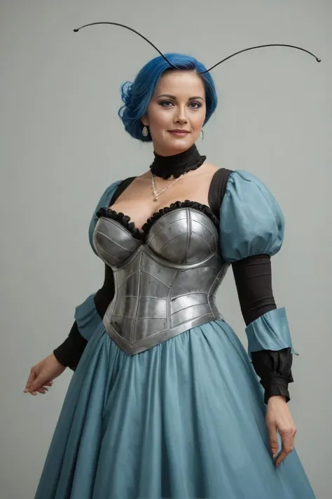 zPDXLrl, zPDXL, score_9, score_8_up, score_7_up, rating_questionable, sci fi fashion show walkway background, 1girl, (futuristic sci fi fashion photography by Art Frahm:1.2), buxom mature lady 35 year old, Irish woman, blue hair, barmaid, transparent armor, antennae, elegant standing with arms up, gorgeous breasts, clothed, realism