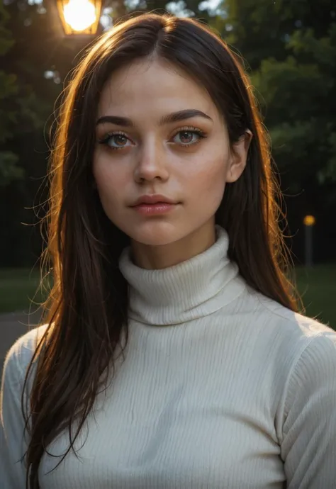 (source_realistic, dynamic lighting, BREAK), (18-years-old girl), innocent and alluring, long hair, alternative vibe, beautiful eyes, (freckles:0.5), medium breasts, white turtleneck shirt, portrait, outdoor, detailed face