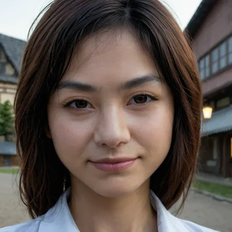 beautiful 18yo chinese woman , close up, shadows, perfect face,nighttime,dark photo,grainy,dimly lit,seductive smirk,harsh camera flash, grainy, highly detailed, (freckles:0.3), (skintexture), (background town), bokeh, (snub nose)