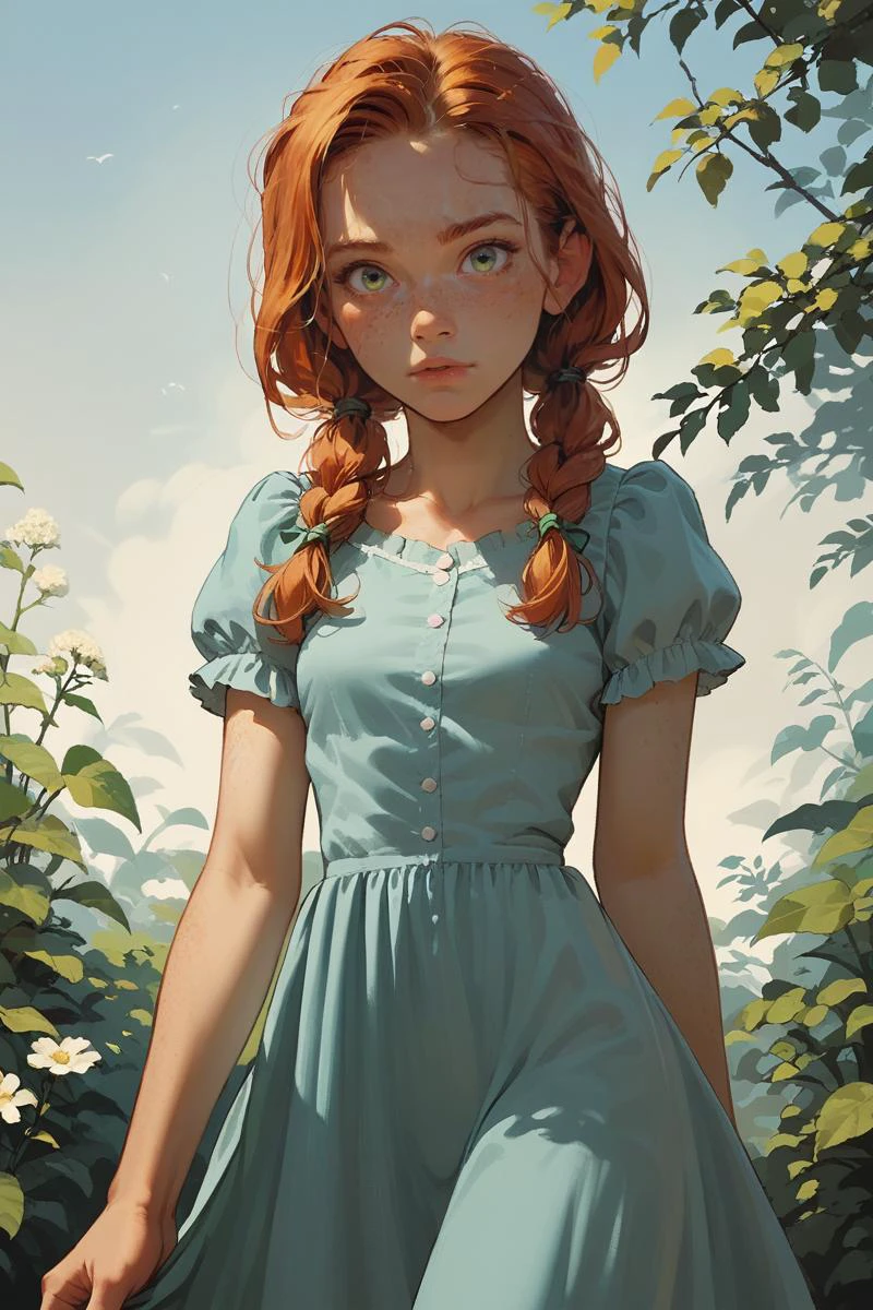 source_anime, (score_9, score_8_up, score_7_up, score_6_up)
1girl, , petite, ginger hair, low pigtails, green eyes, [freckles], looking at viewer. blue dress,
 <lora:incase_v14:0.8>