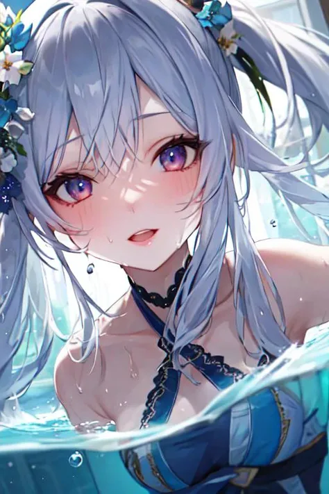 best quality, ultra detailed, beautiful detailed face, 1girl, solo, submerged water, partially submerged, bubbles, shiny skin, sweat, cloudy sky, <lora:submerged_Water:1>,