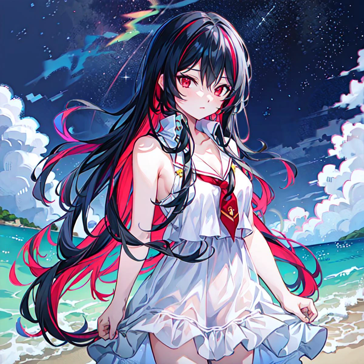 ren,rainbow hair,Submerged,high quality,diving, under_marine,horizon, <lora:ren_chan:1> <lora:submerged_Water:1>,small breasts, starry sky,cowboy shot,white dress,